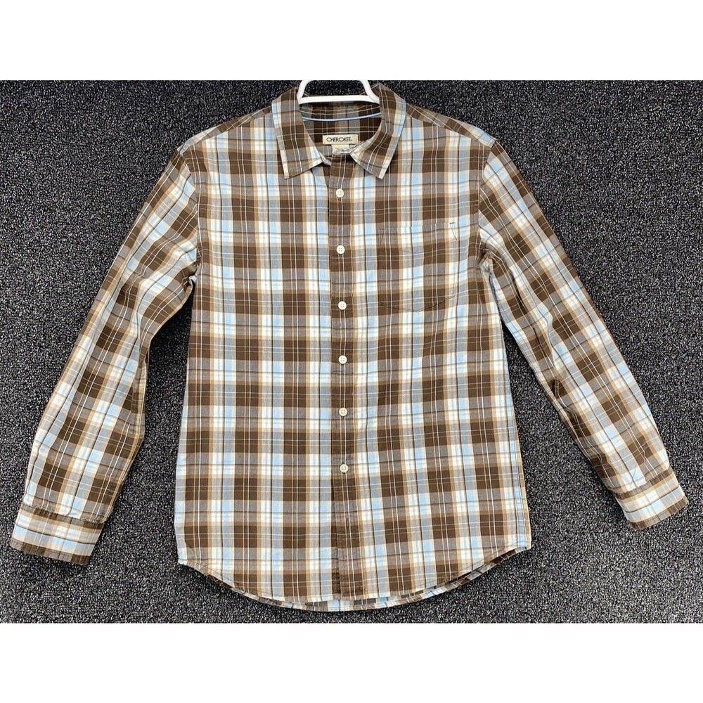 Cherokee Boy L 12 14 Long Sleeve Plaid Shirt Brown Light Blue Cotton Button Down